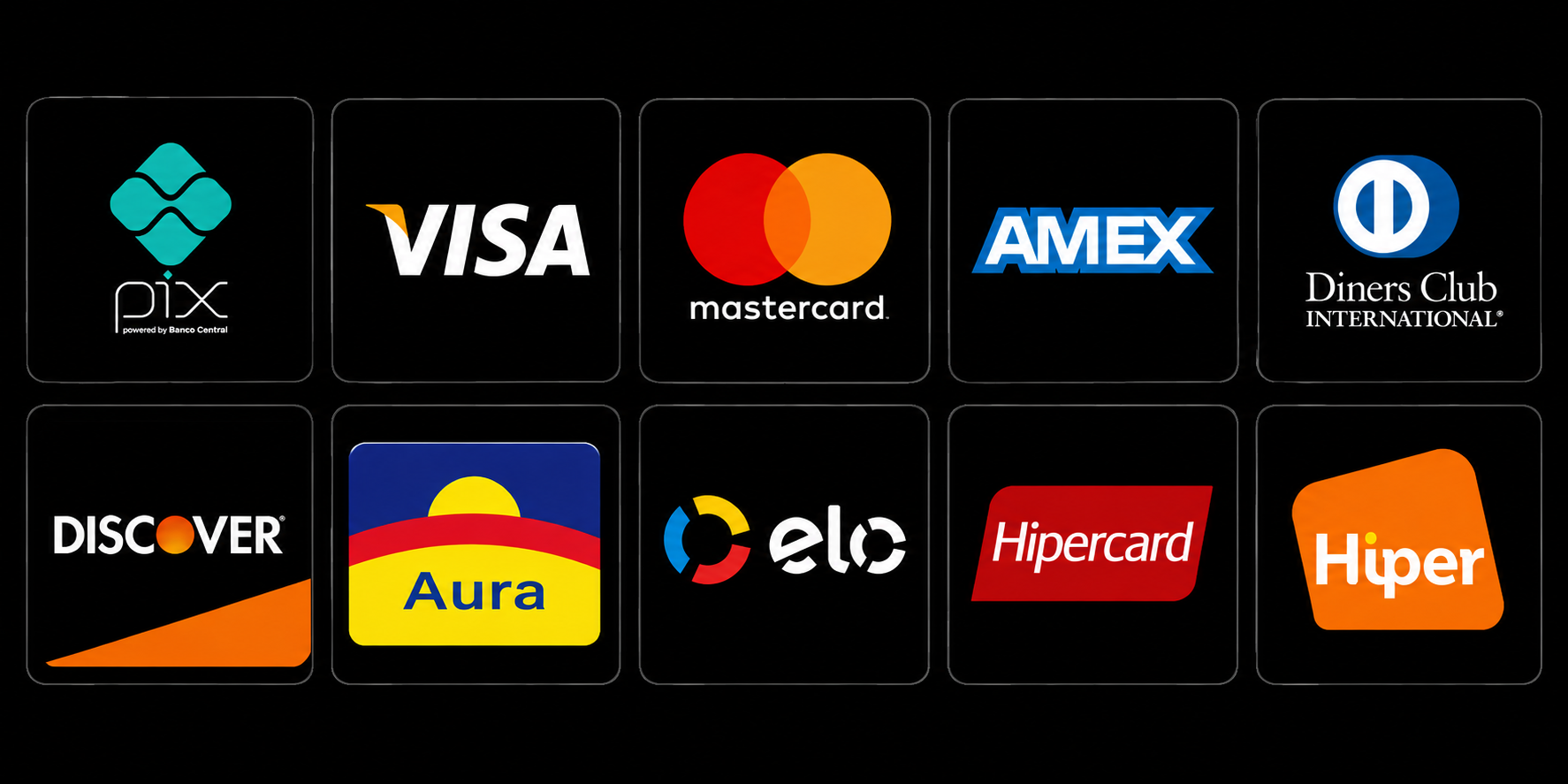 Formas de pagamento aceitas: Pix, Visa, Mastercard, American Express, Diners Club, Discover, Aura, Elo, Hipercard e Hiper