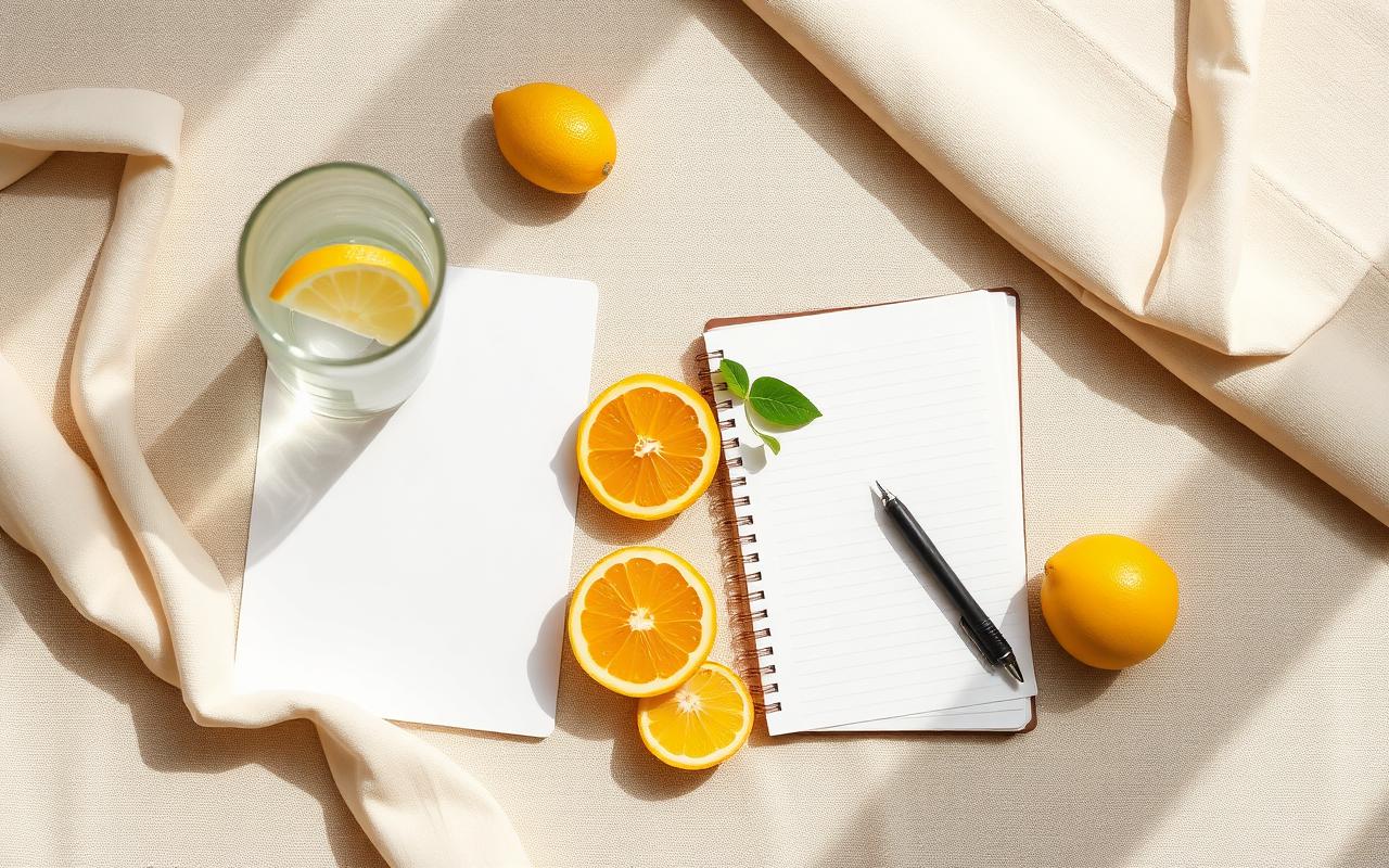 Rotina wellness com água, frutas e caderno