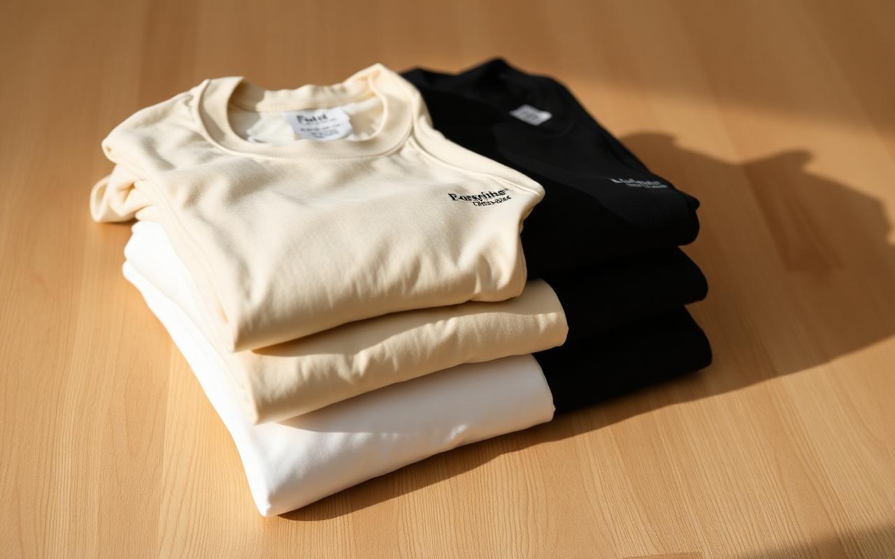 Camisetas oversized dobradas em cores neutras