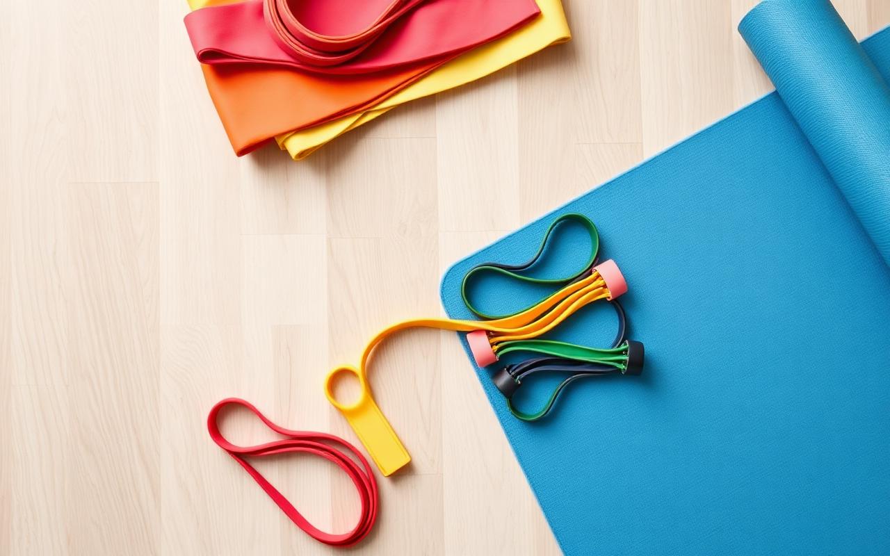 Faixas elásticas coloridas e tapete de yoga