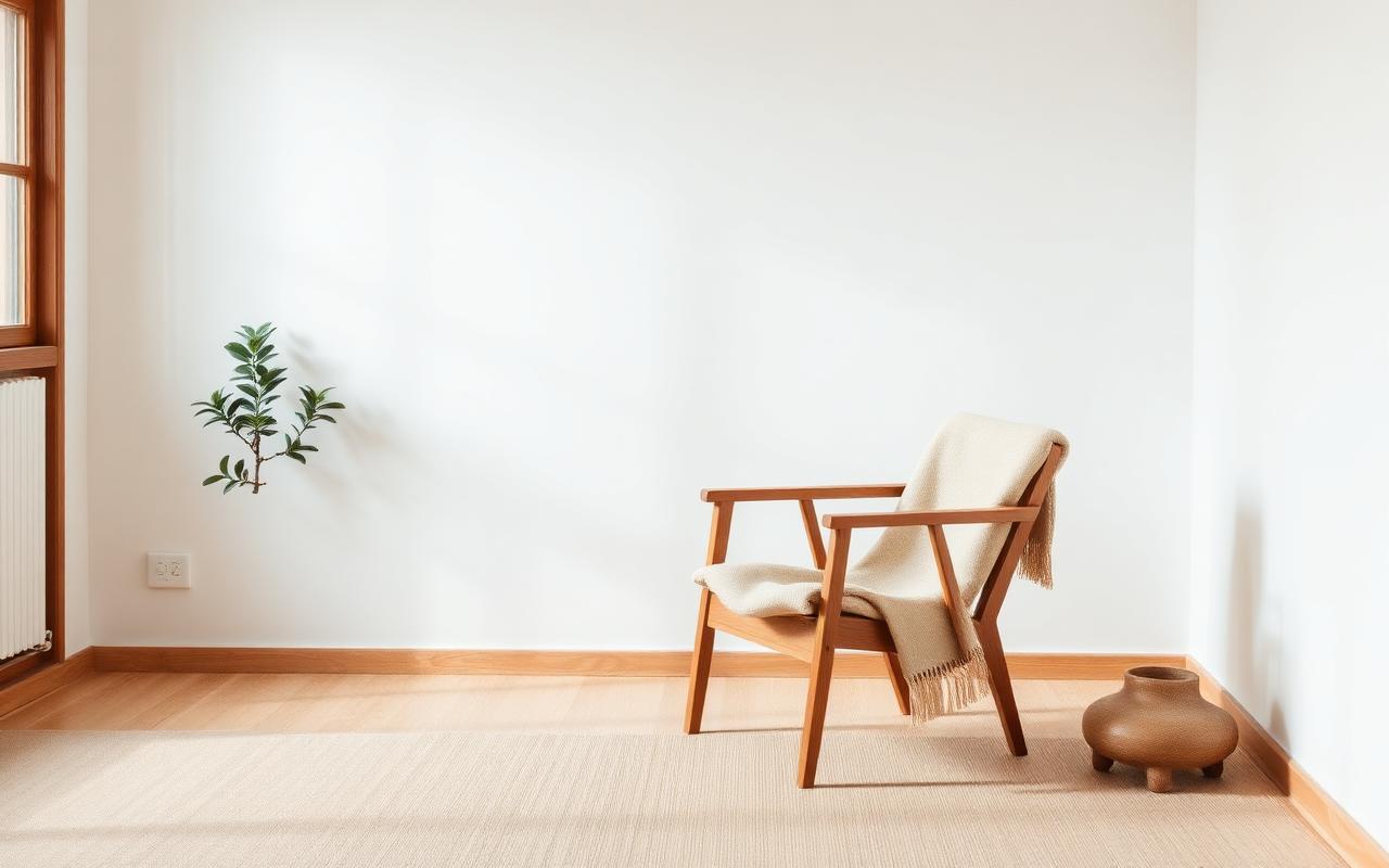 Interior minimalista com cadeira e planta