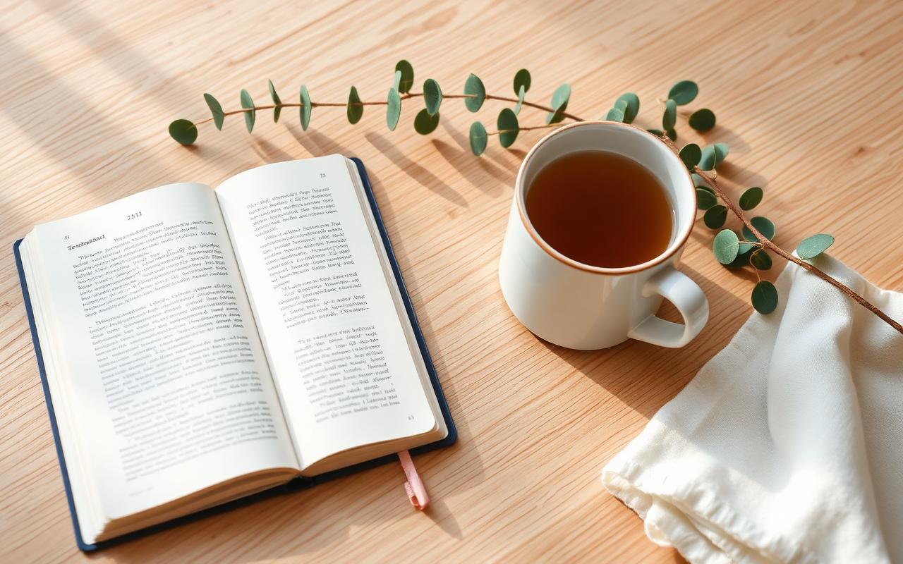 Cena wellness com chá, livro e eucalipto