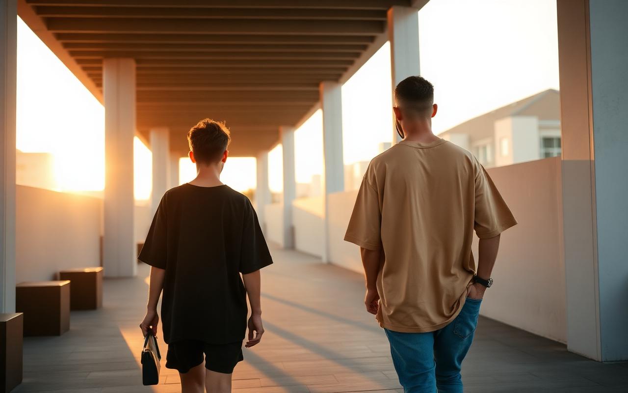 Pessoas em looks oversized caminhando ao entardecer
