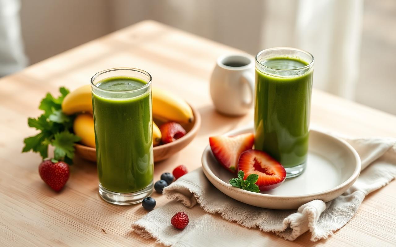 Café da manhã wellness com smoothie verde